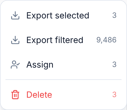 The Actions menu on the LeadScout Prospect List, with Export selected showing the number of checked rows and Export filtered showing how many prospects match the current filters