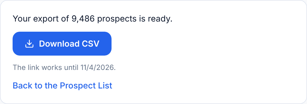 The LeadScout prospect export page showing that the export is ready, with a Download CSV button and the date the link expires